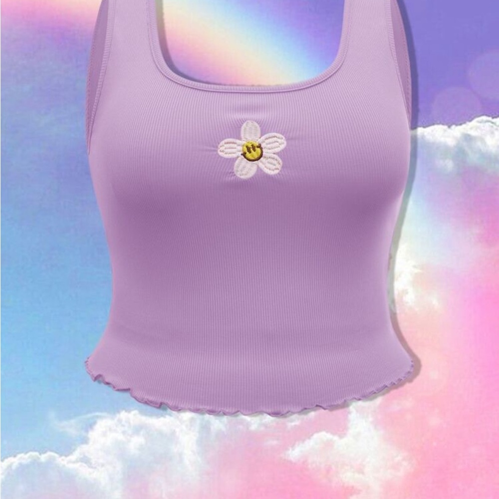 SHEIN Floral Embroidery Lettuce Trim Tank - Lilac